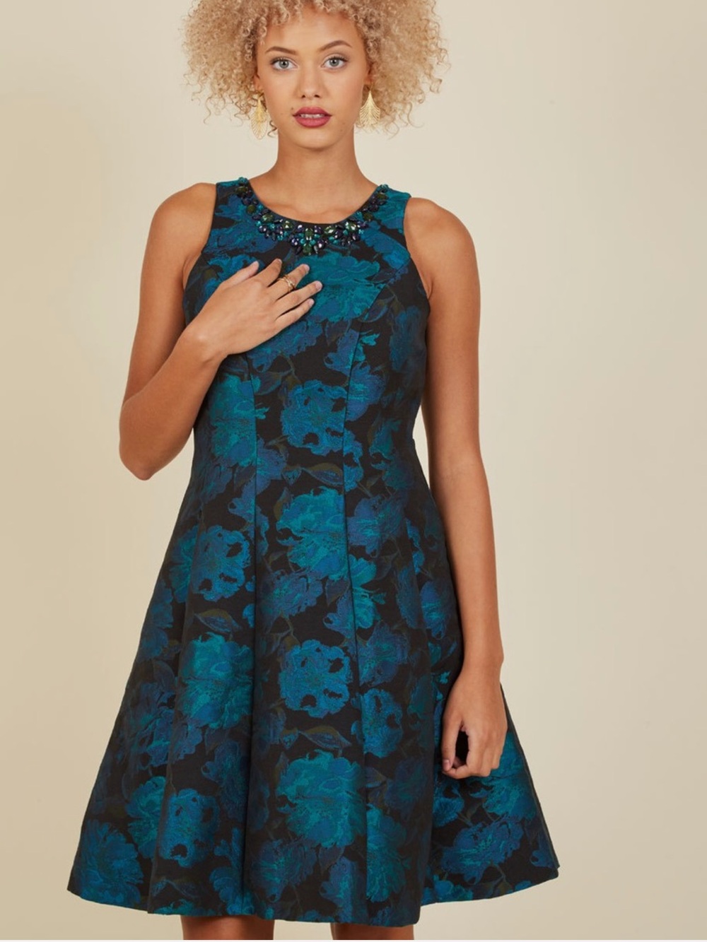 Maggy London Teal Floral Jacquard Fit & Flare Dress Jewel Neck Size 6